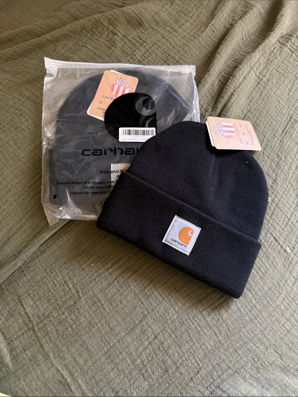 Carhartt Black Cuffed Knit Beanie with Orange Logo Patch